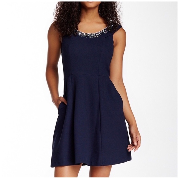 BETSEY JOHNSON Dress Jeweled Fit & Flare Cocktail Navy Blue Size 14 - Picture 1 of 8